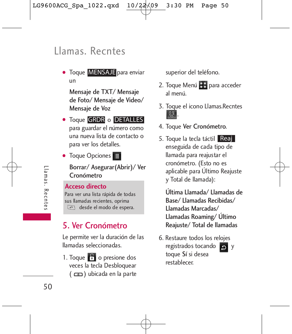 Llamas. recntes, Ver cronómetro | LG 9600 User Manual | Page 214 / 338