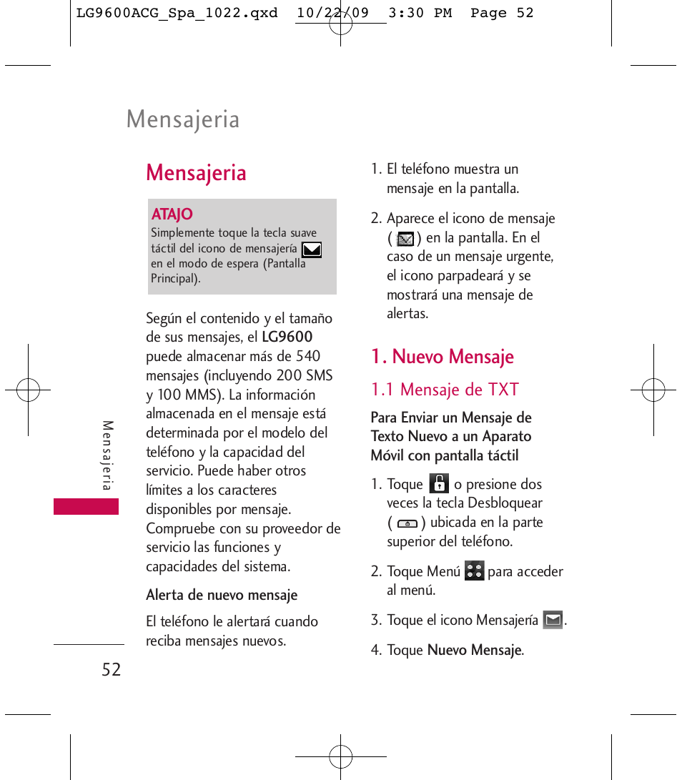 Mensajeria, Nuevo mensaje | LG 9600 User Manual | Page 216 / 338