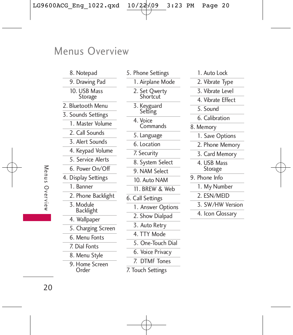 Menus overview | LG 9600 User Manual | Page 22 / 338