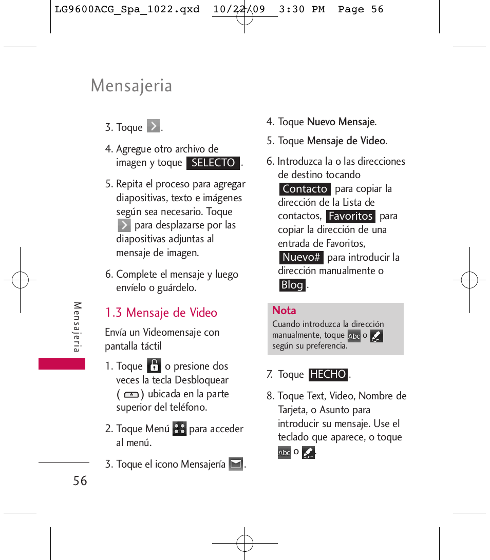 Mensajeria, 3 mensaje de video | LG 9600 User Manual | Page 220 / 338