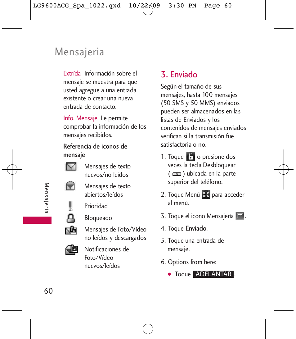 Mensajeria, Enviado | LG 9600 User Manual | Page 224 / 338