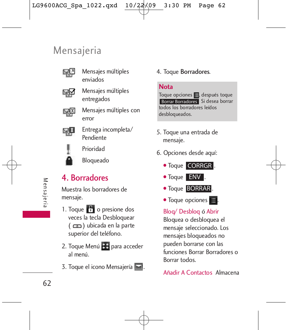 Mensajeria, Borradores | LG 9600 User Manual | Page 226 / 338