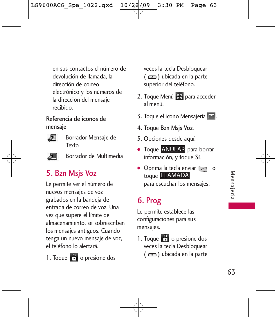 Bzn msjs voz, Prog | LG 9600 User Manual | Page 227 / 338