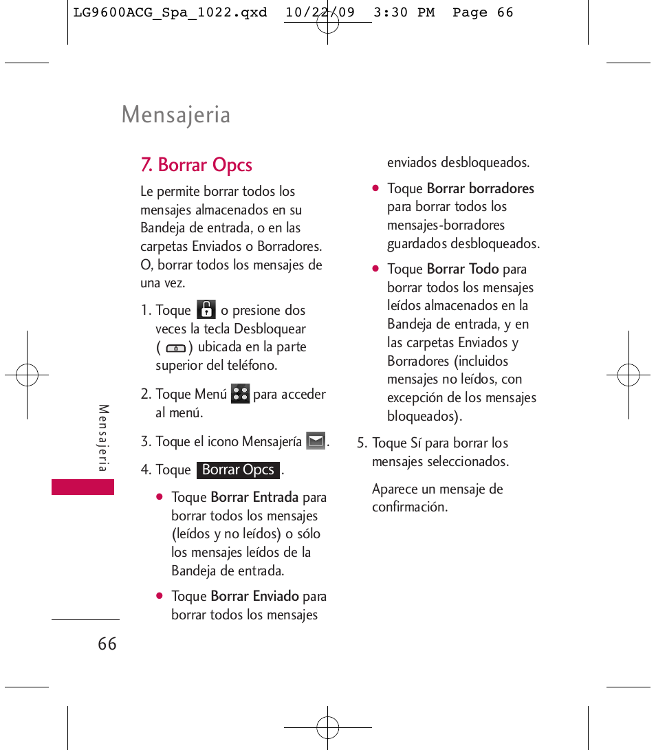 Mensajeria, Borrar opcs | LG 9600 User Manual | Page 230 / 338