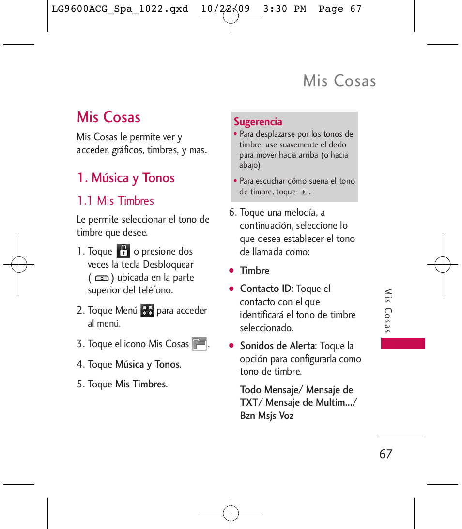 Mis cosas, Música y tonos, 1 mis timbres | LG 9600 User Manual | Page 231 / 338