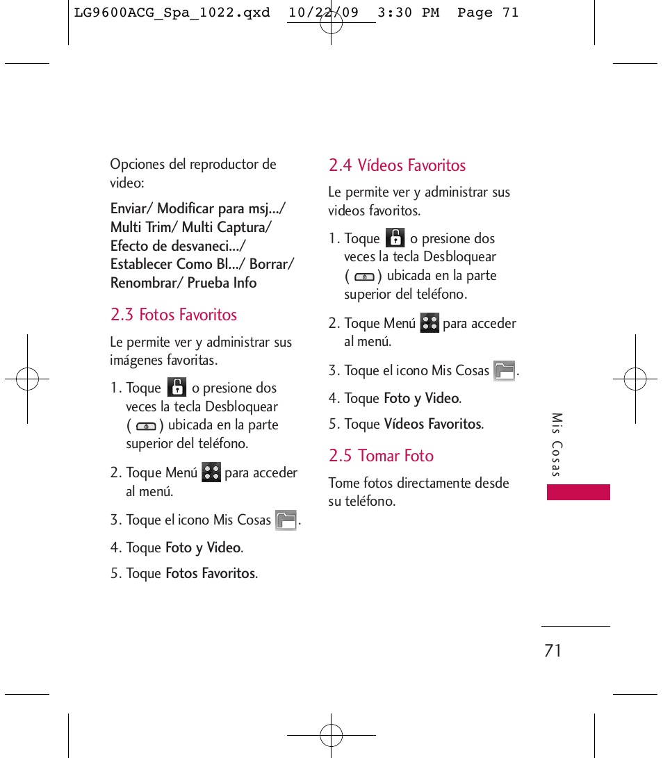 3 fotos favoritos, 4 vídeos favoritos, 5 tomar foto | LG 9600 User Manual | Page 235 / 338