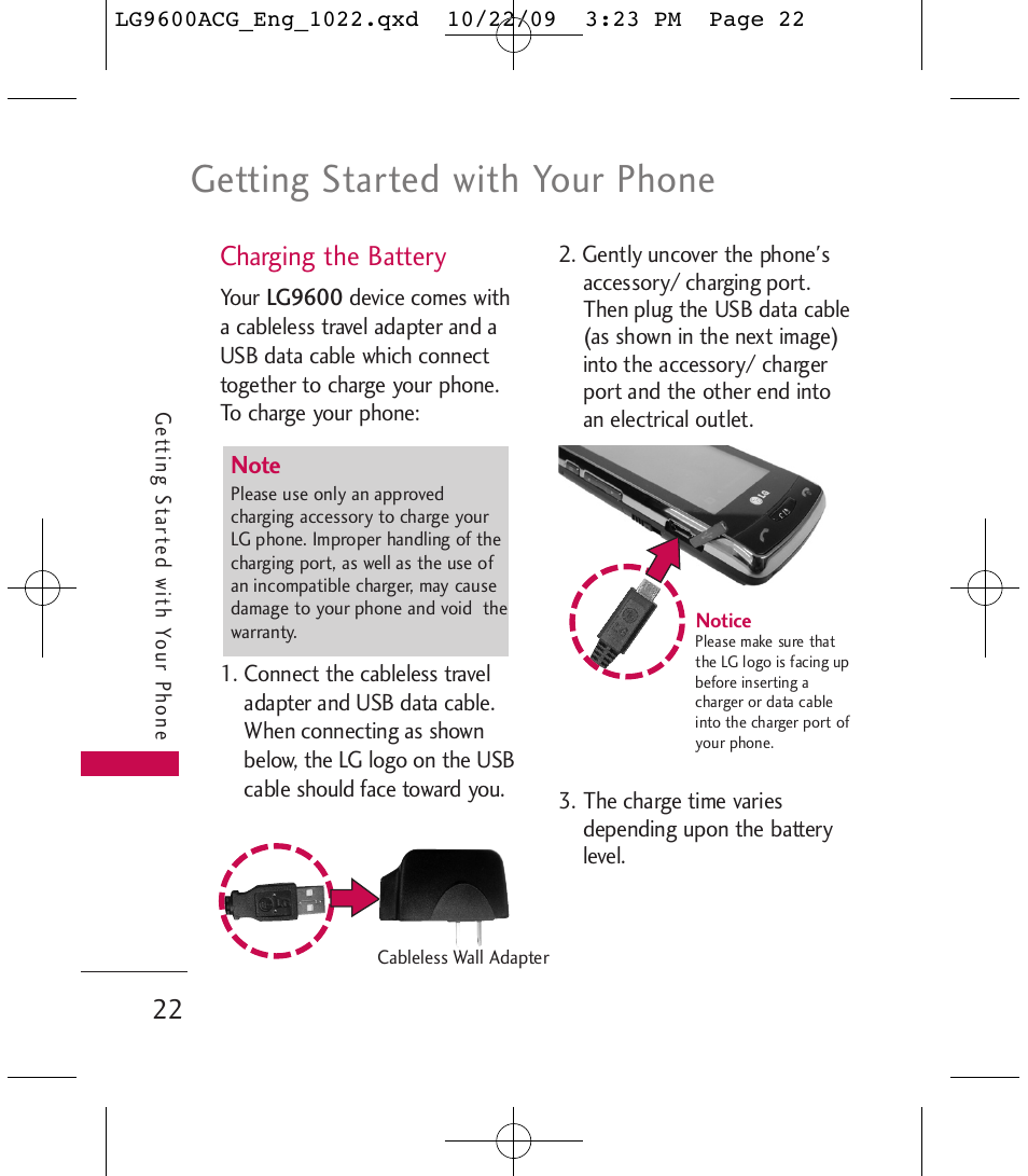 Getting started with your phone, Charging the battery | LG 9600 User Manual | Page 24 / 338