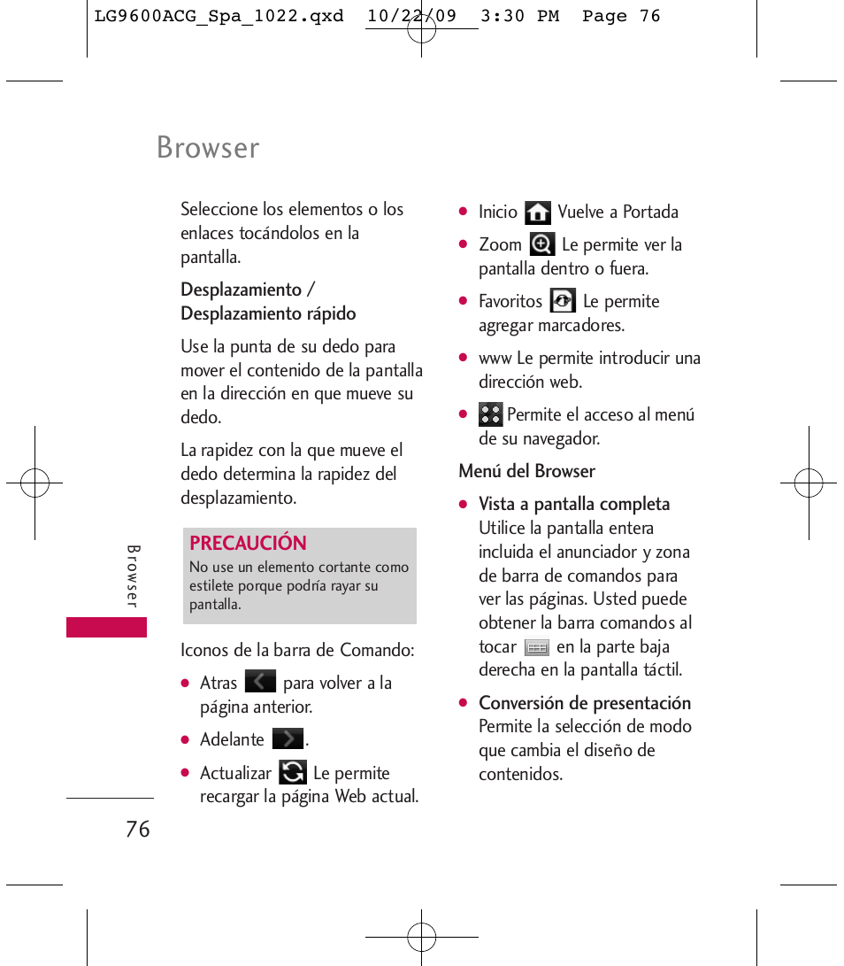Browser, Precaución | LG 9600 User Manual | Page 240 / 338
