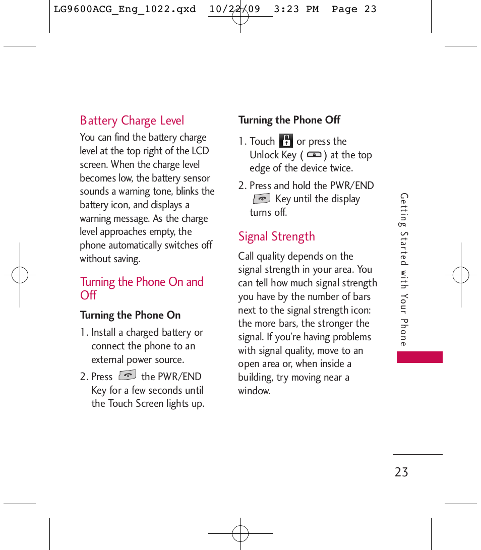 Battery charge level, Turning the phone on and off, Signal strength | LG 9600 User Manual | Page 25 / 338