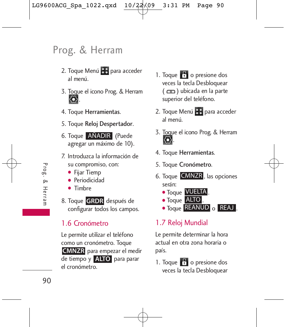 Prog. & herram, 6 cronómetro, 7 reloj mundial | LG 9600 User Manual | Page 254 / 338