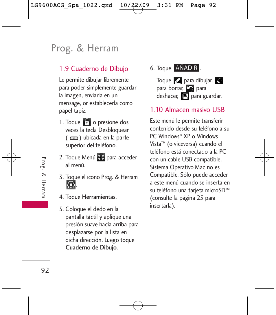 Prog. & herram, 9 cuaderno de dibujo, 10 almacen masivo usb | LG 9600 User Manual | Page 256 / 338