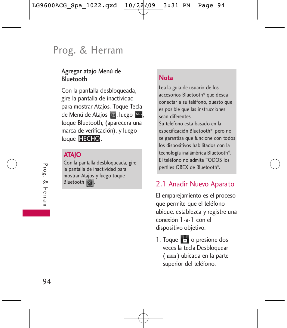 Prog. & herram, 1 anadir nuevo aparato, Nota | Atajo | LG 9600 User Manual | Page 258 / 338