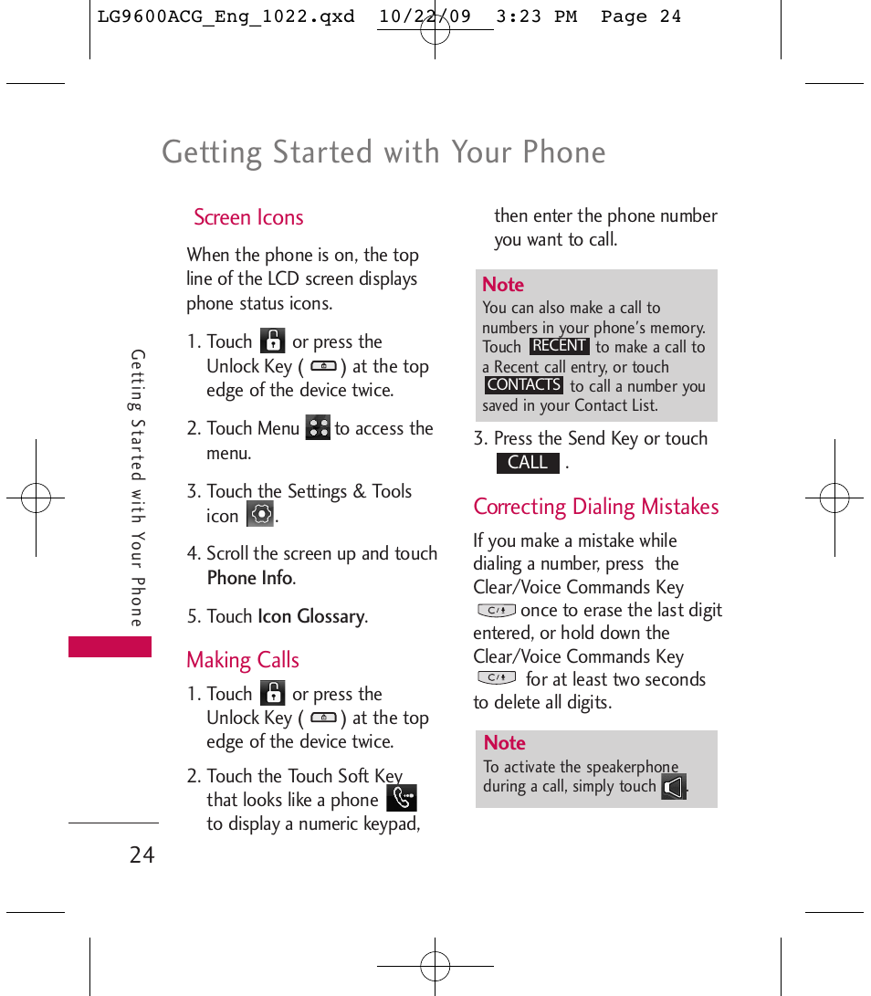 Getting started with your phone, Screen icons, Making calls | Correcting dialing mistakes | LG 9600 User Manual | Page 26 / 338