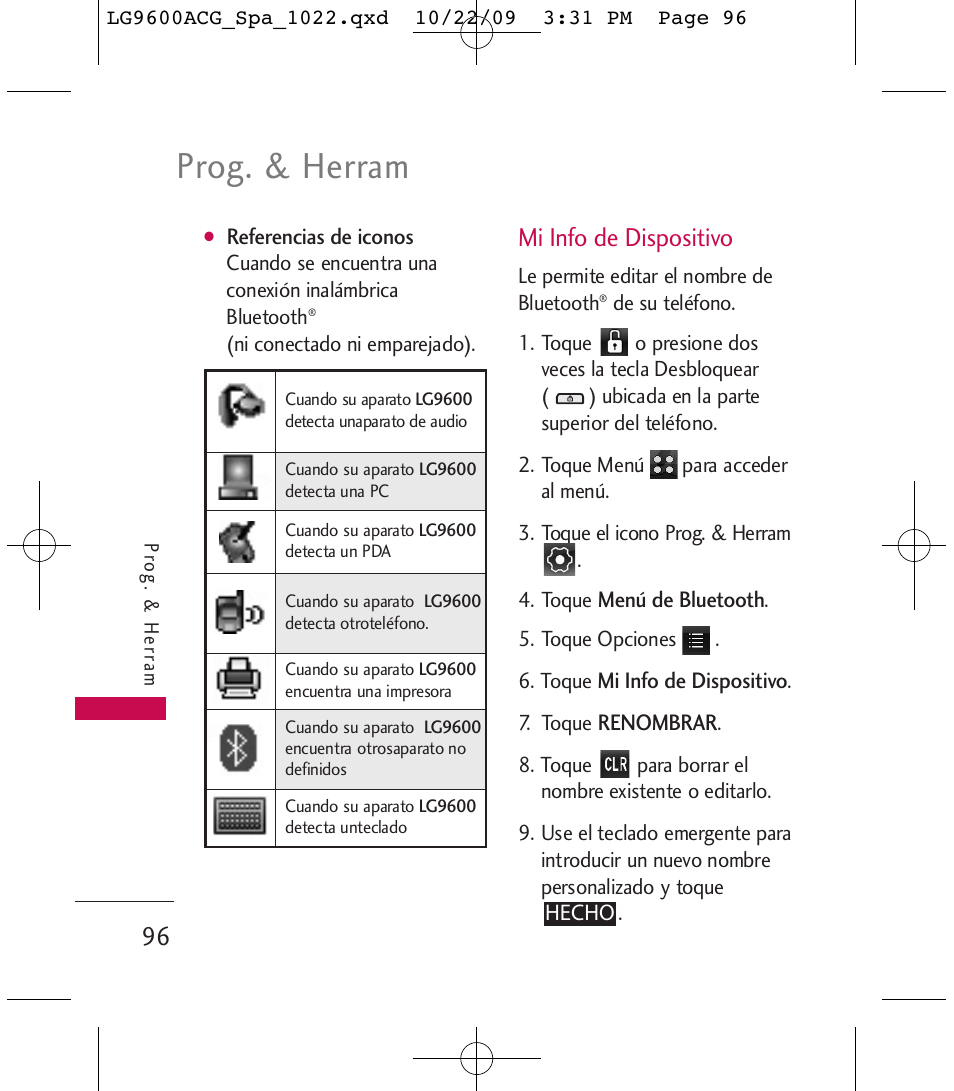 Prog. & herram, Mi info de dispositivo | LG 9600 User Manual | Page 260 / 338