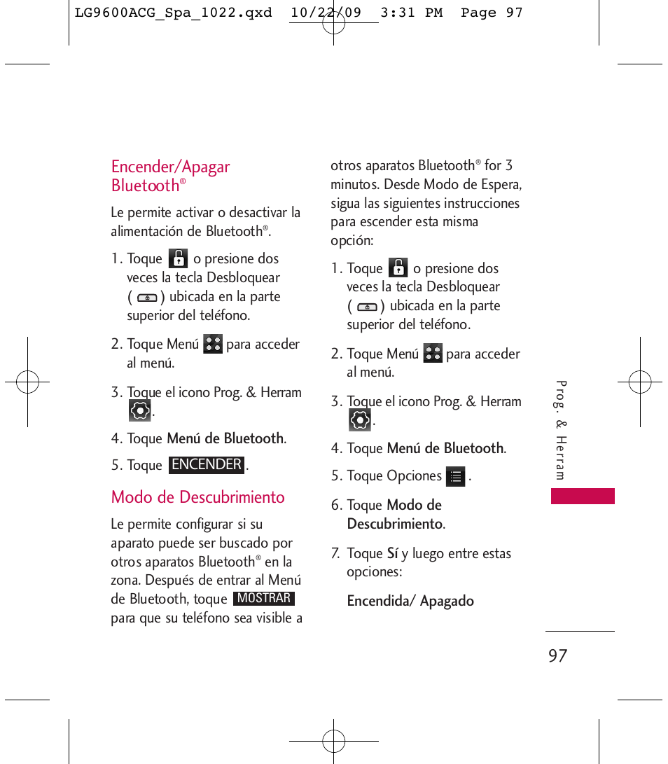 Encender/apagar bluetooth, Modo de descubrimiento | LG 9600 User Manual | Page 261 / 338