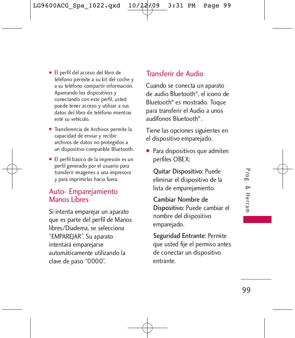 Auto- emparejamiento manos libres, Transferir de audio | LG 9600 User Manual | Page 263 / 338