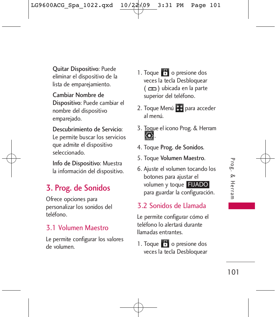 Prog. de sonidos, 1 volumen maestro, 2 sonidos de llamada | LG 9600 User Manual | Page 265 / 338