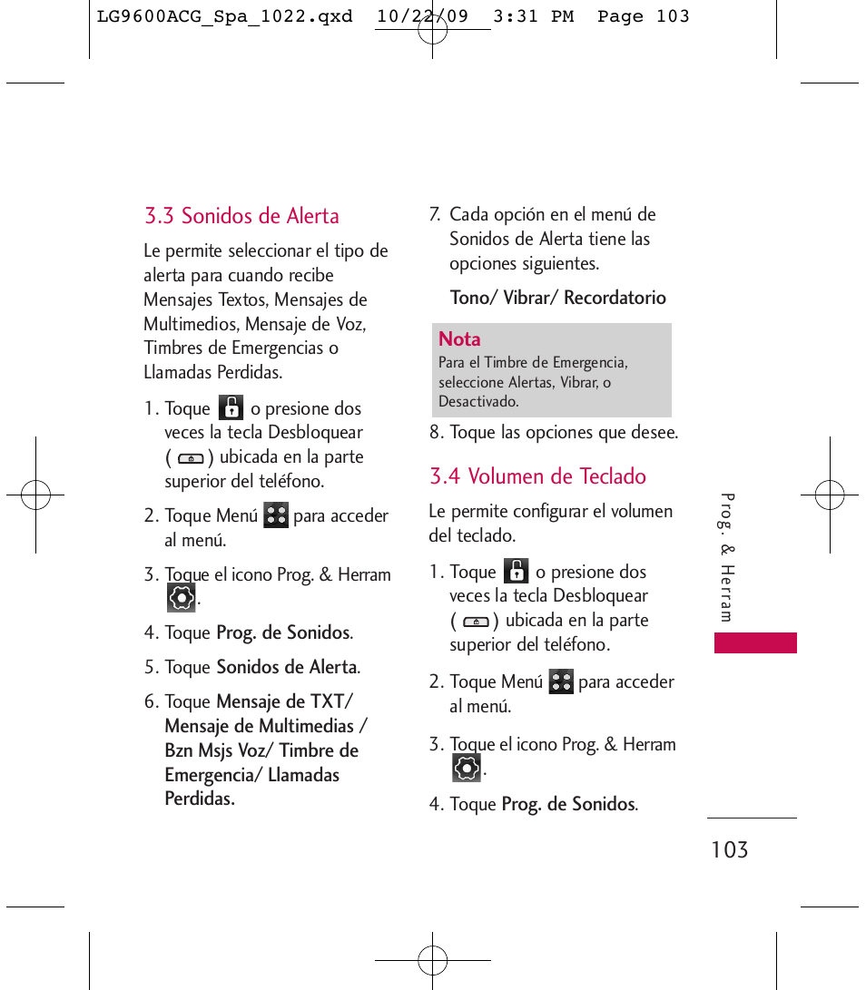 3 sonidos de alerta, 4 volumen de teclado | LG 9600 User Manual | Page 267 / 338