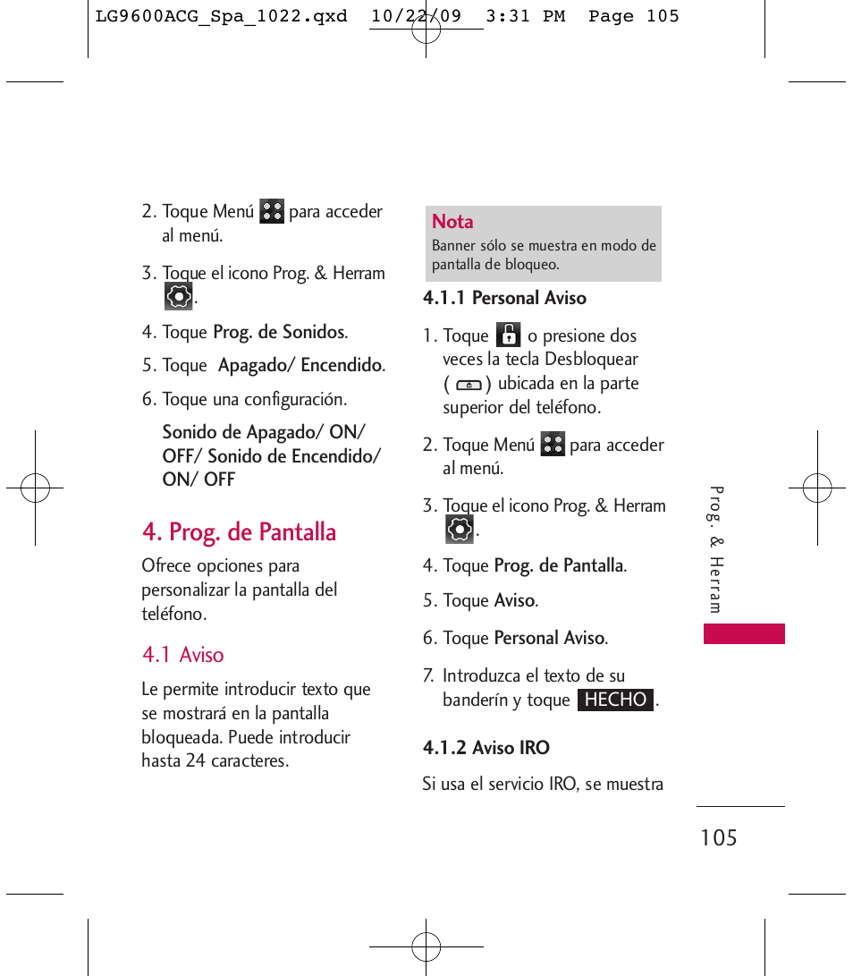 Prog. de pantalla, 1 aviso | LG 9600 User Manual | Page 269 / 338