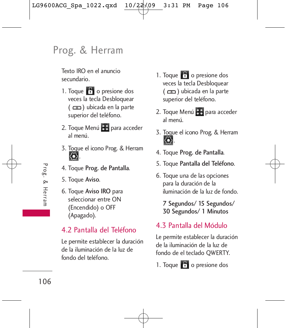 Prog. & herram, 2 pantalla del teléfono, 3 pantalla del módulo | LG 9600 User Manual | Page 270 / 338