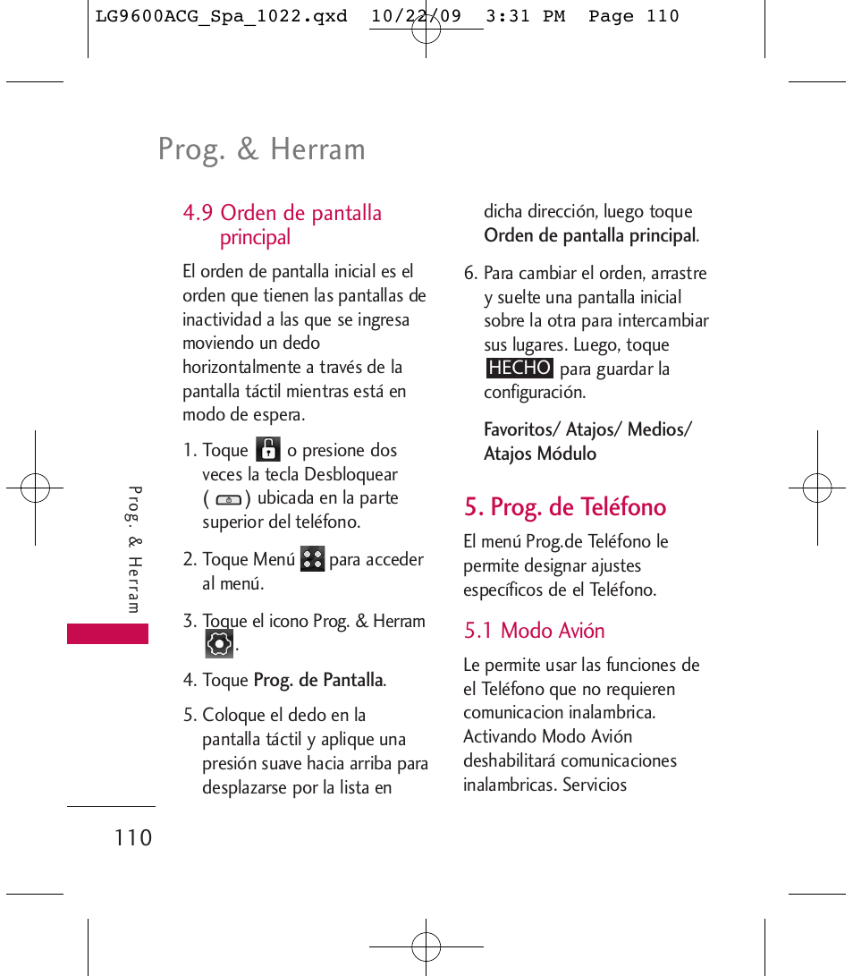 Prog. & herram, Prog. de teléfono | LG 9600 User Manual | Page 274 / 338