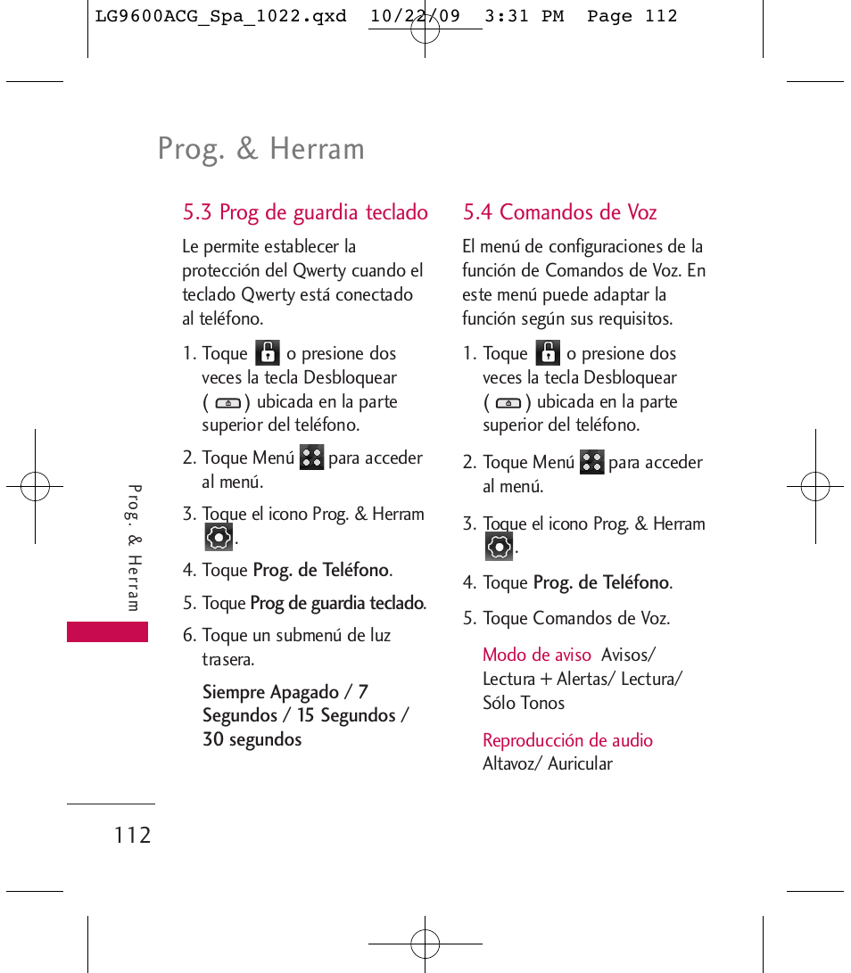 Prog. & herram, 3 prog de guardia teclado, 4 comandos de voz | LG 9600 User Manual | Page 276 / 338