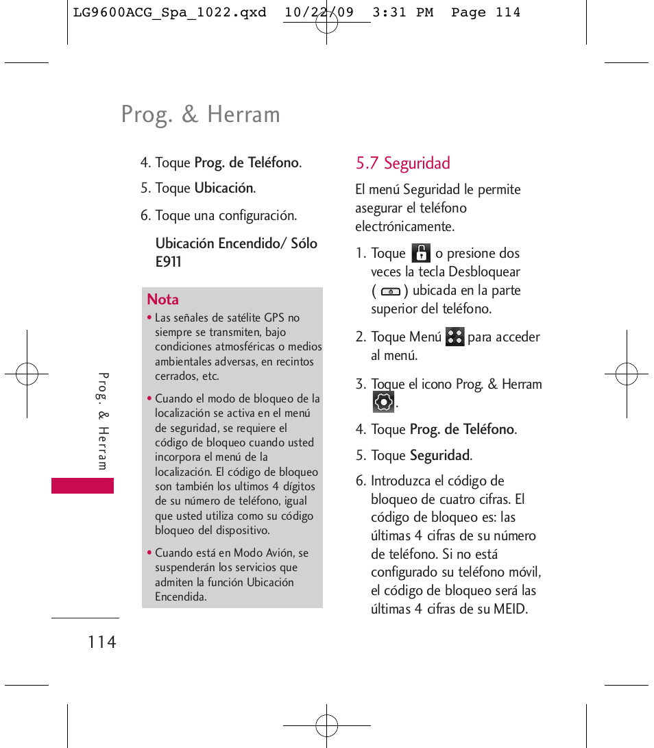 Prog. & herram, 7 seguridad | LG 9600 User Manual | Page 278 / 338