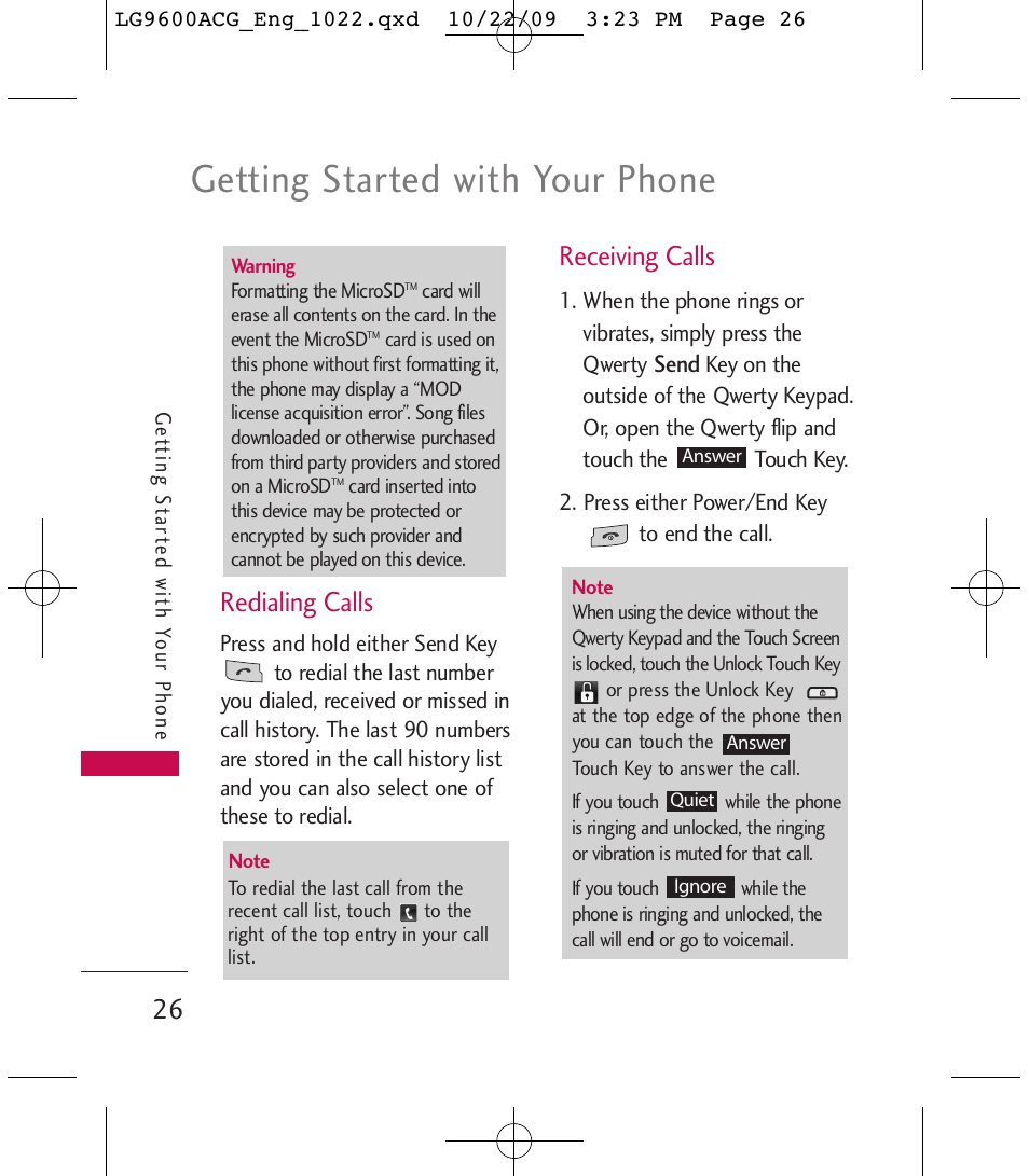 Getting started with your phone, Redialing calls, Receiving calls | LG 9600 User Manual | Page 28 / 338