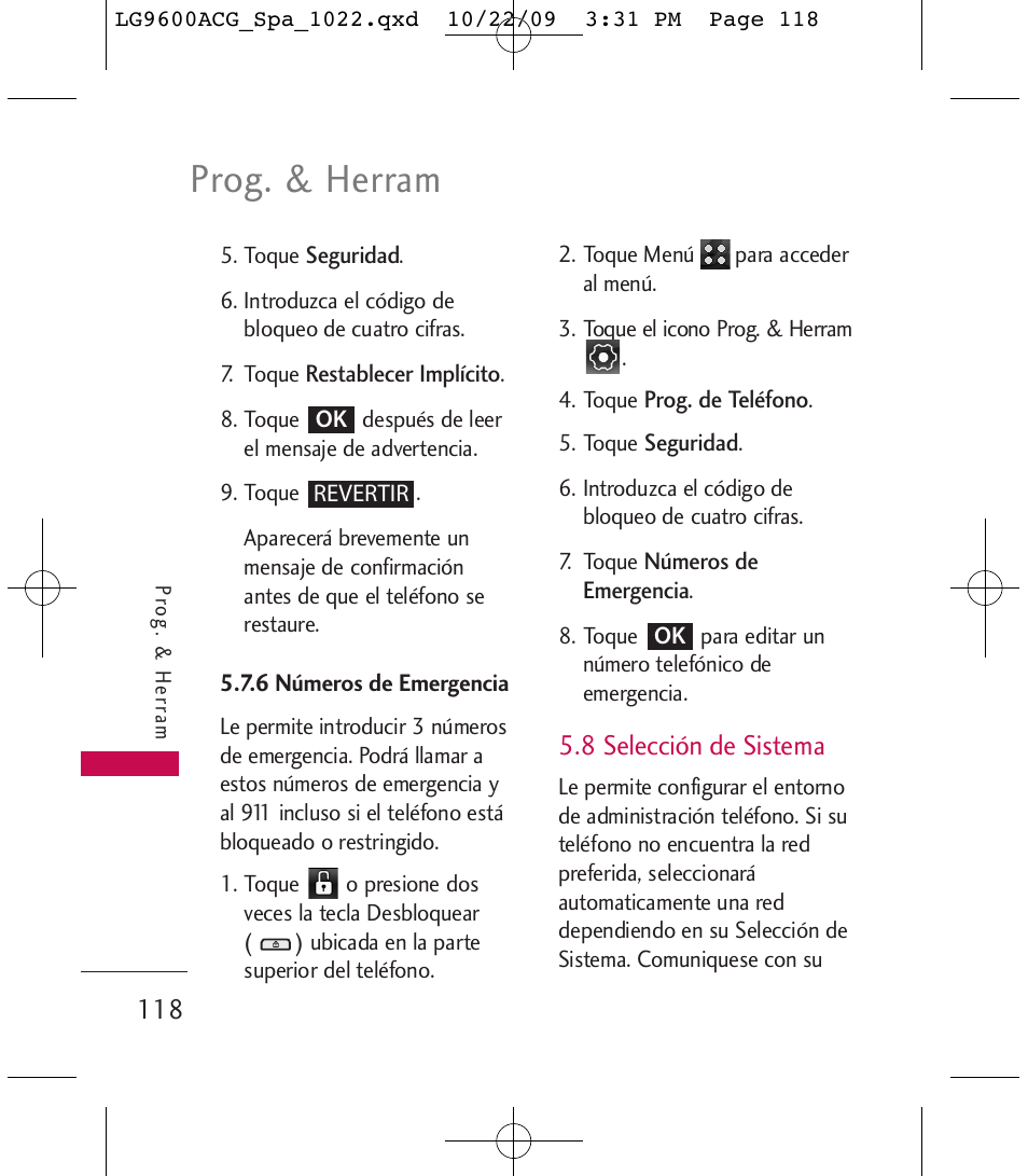 Prog. & herram, 8 selección de sistema | LG 9600 User Manual | Page 282 / 338