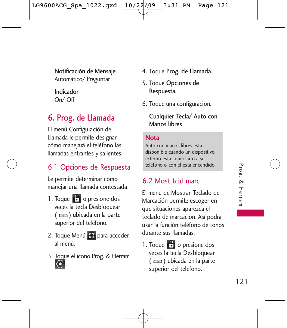 Prog. de llamada, 1 opciones de respuesta, 2 most tcld marc | LG 9600 User Manual | Page 285 / 338