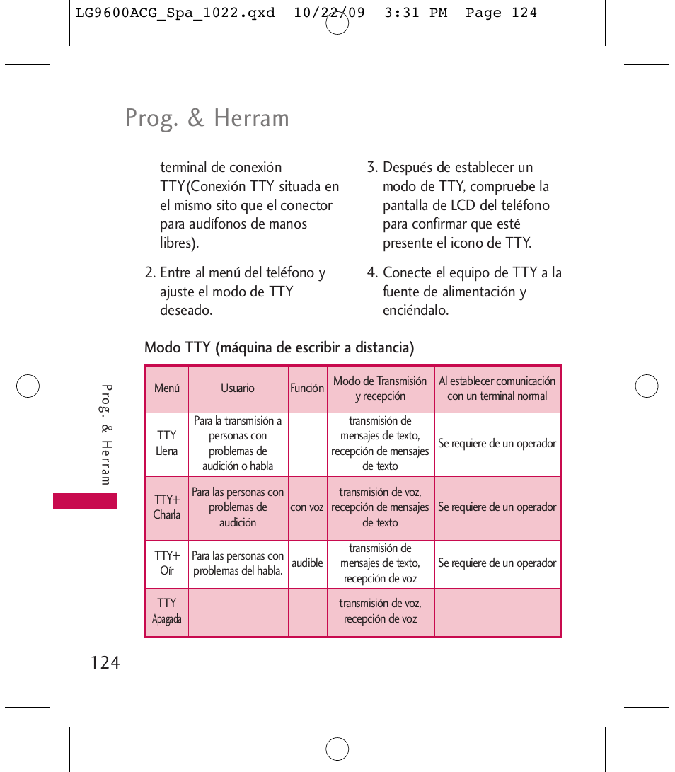 Prog. & herram, Modo tty (máquina de escribir a distancia) | LG 9600 User Manual | Page 288 / 338