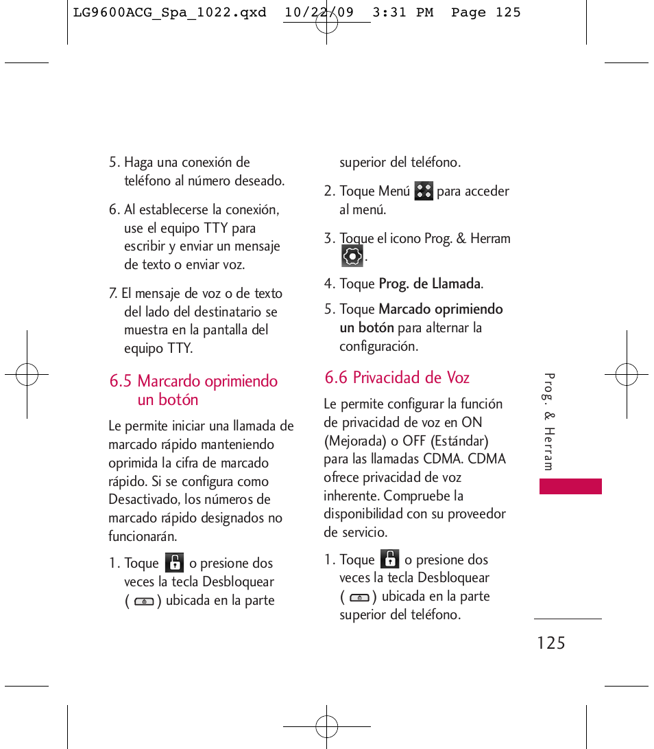 5 marcardo oprimiendo un botón, 6 privacidad de voz | LG 9600 User Manual | Page 289 / 338