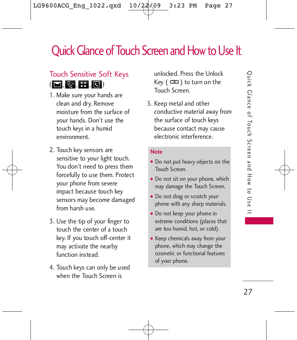 Quick glance of touch screen and how to use it, Touch sensitive soft keys | LG 9600 User Manual | Page 29 / 338