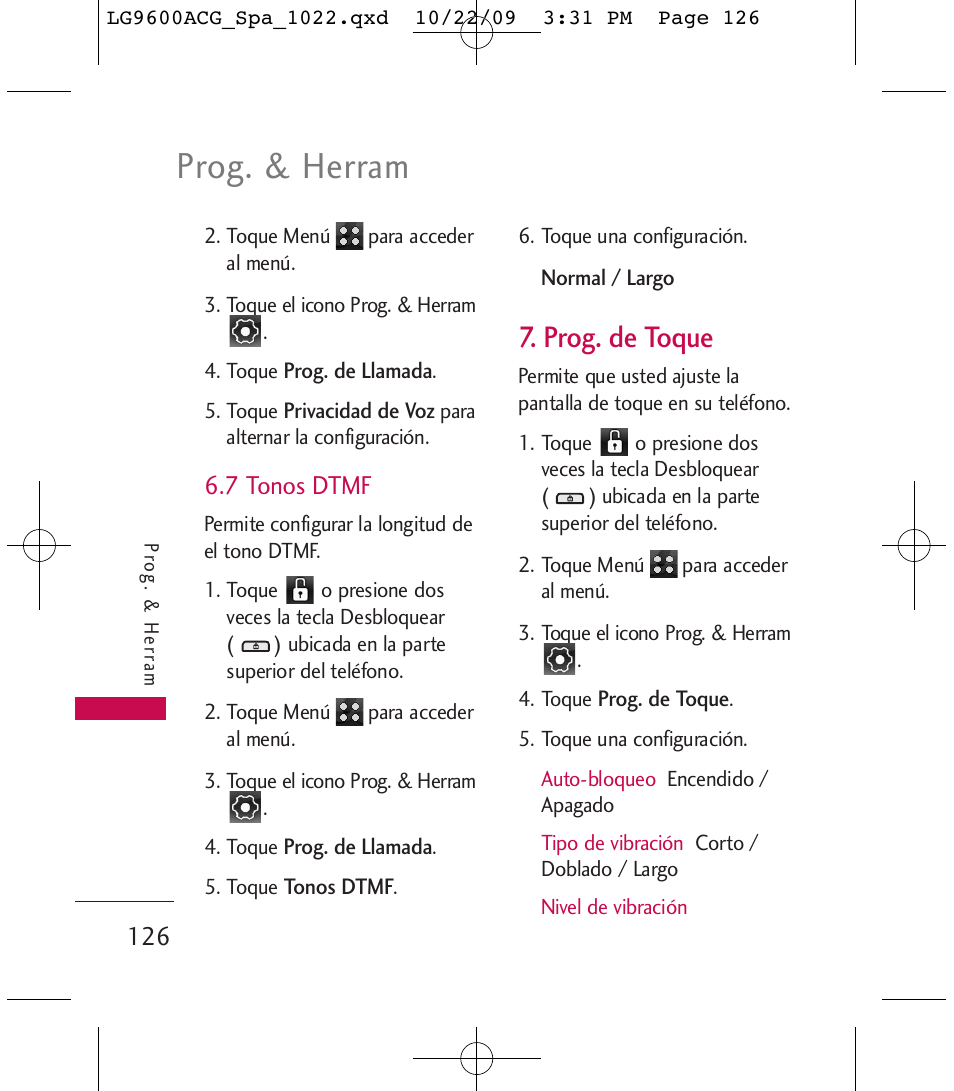 Prog. & herram, Prog. de toque, 7 tonos dtmf | LG 9600 User Manual | Page 290 / 338