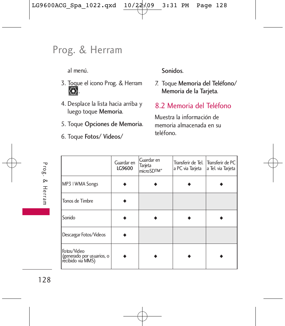 Prog. & herram, Fotos/ videos/ sonidos, Toque | LG 9600 User Manual | Page 292 / 338