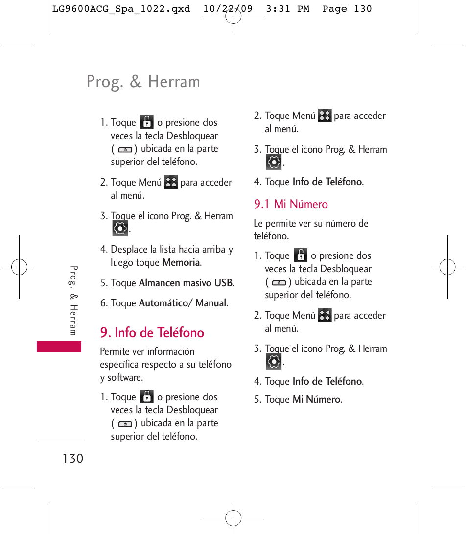 Prog. & herram, Info de teléfono, 1 mi número | LG 9600 User Manual | Page 294 / 338