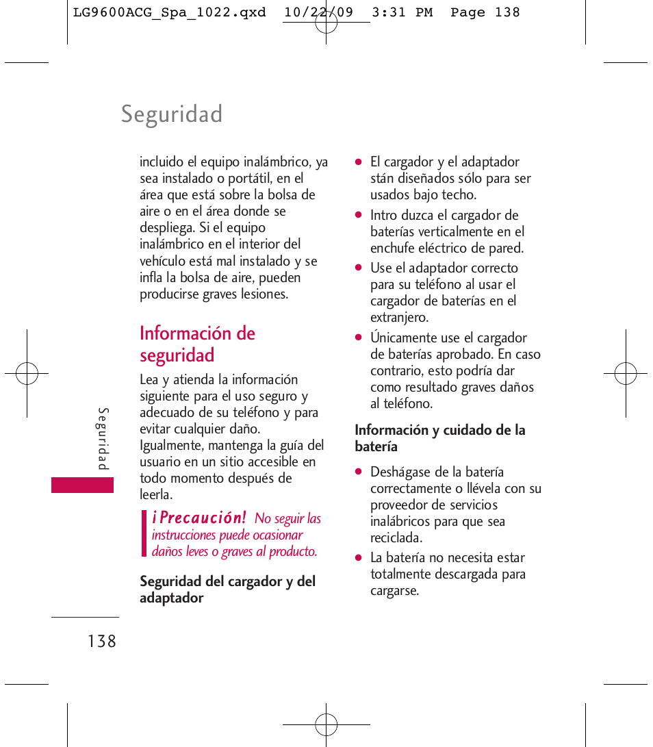 Seguridad, Información de seguridad, Precaución | LG 9600 User Manual | Page 302 / 338