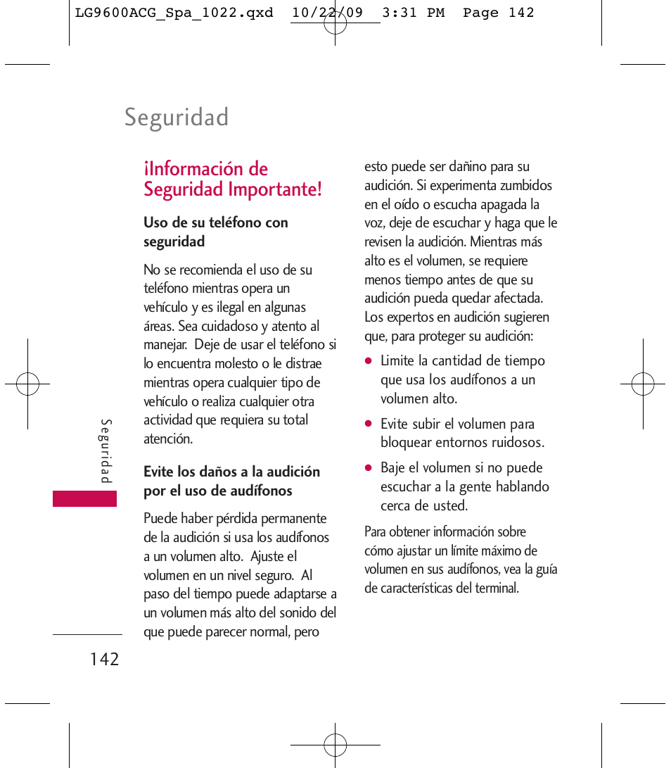 Seguridad, Información de seguridad importante | LG 9600 User Manual | Page 306 / 338