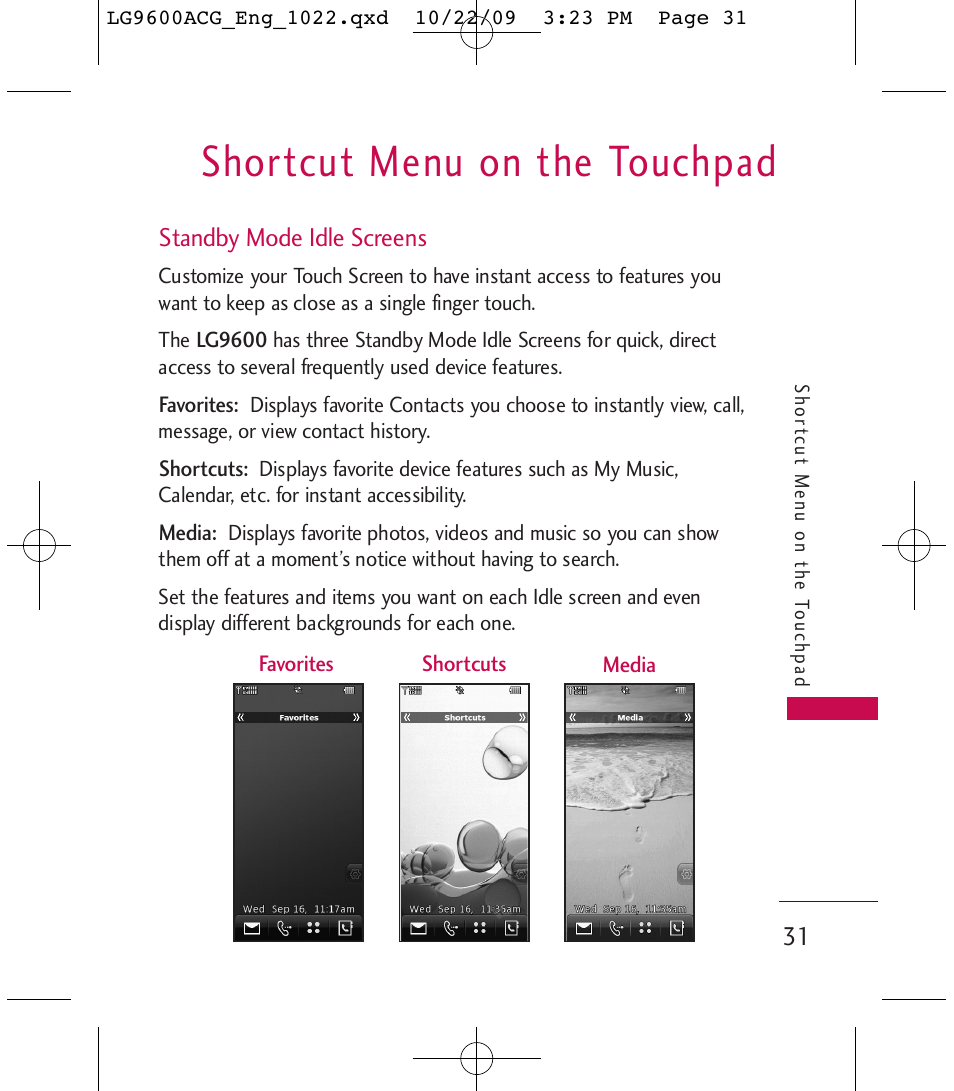 Shortcut menu on the touchpad | LG 9600 User Manual | Page 33 / 338