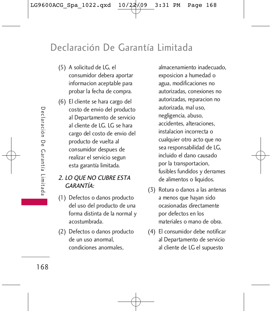 Declaración de garantía limitada | LG 9600 User Manual | Page 332 / 338