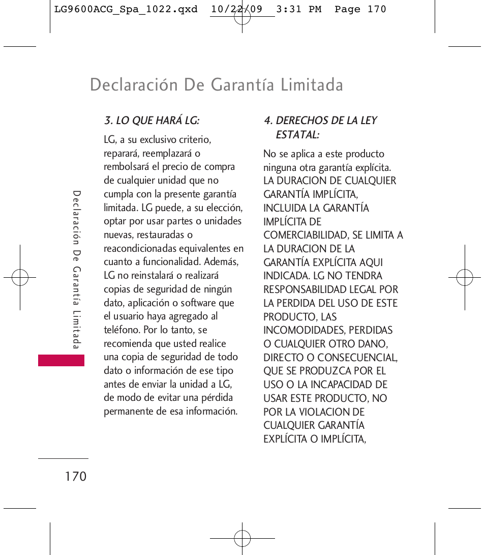 Declaración de garantía limitada | LG 9600 User Manual | Page 334 / 338