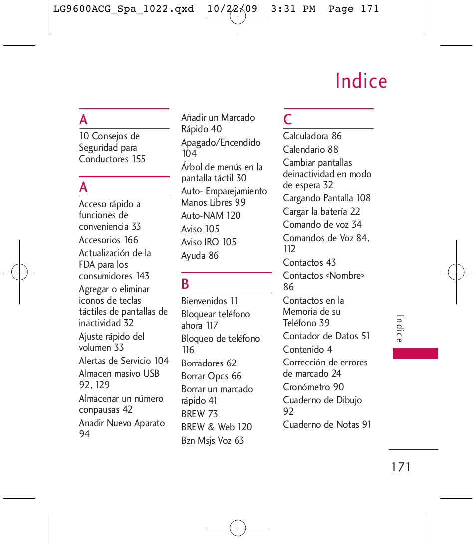 Indice | LG 9600 User Manual | Page 335 / 338