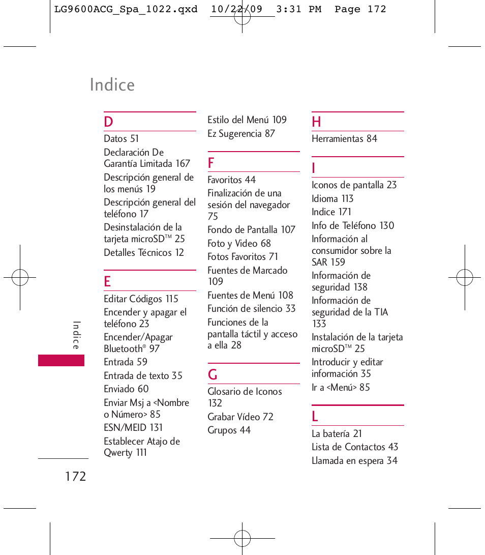 Indice | LG 9600 User Manual | Page 336 / 338