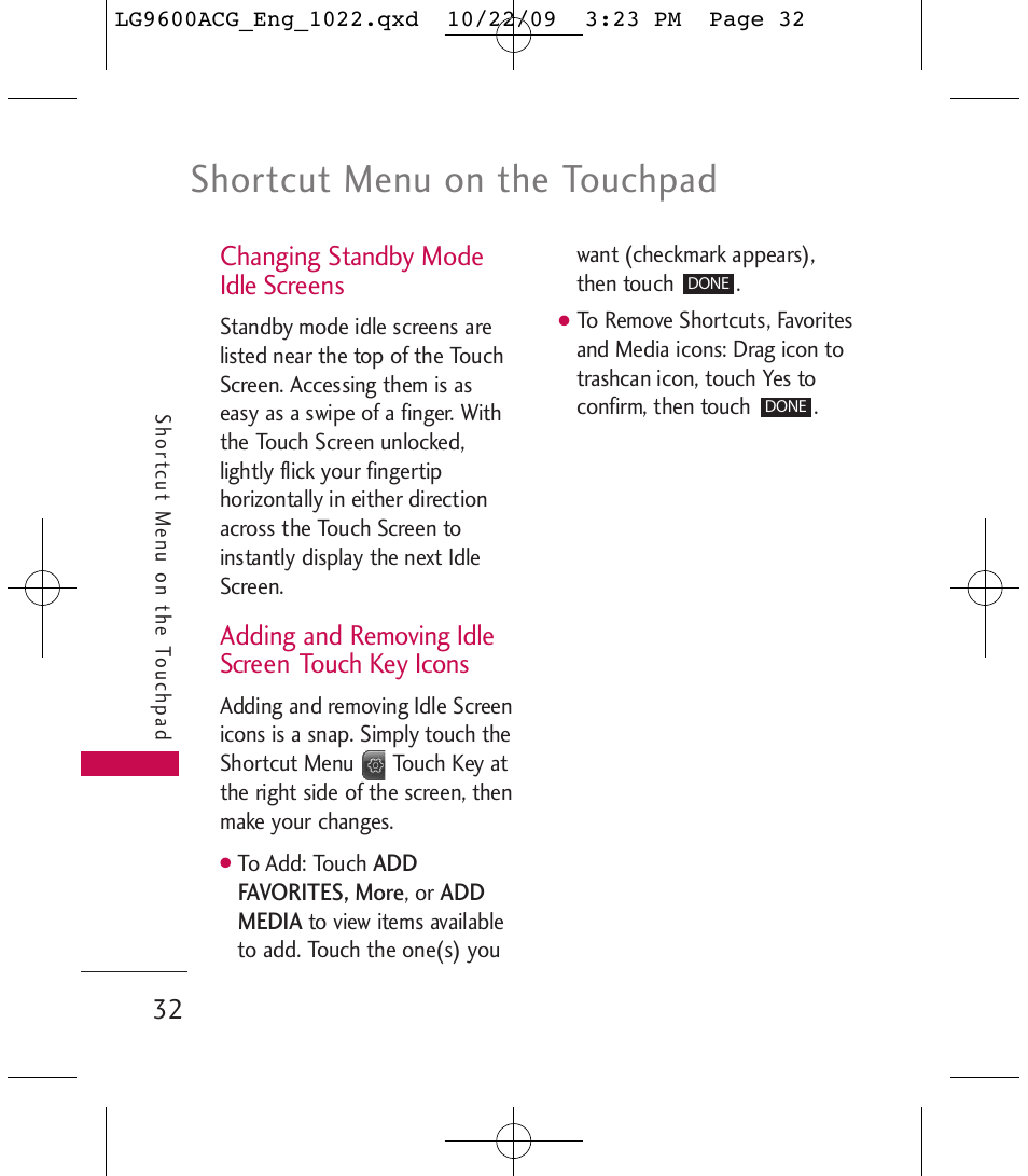 Shortcut menu on the touchpad, Changing standby mode idle screens, Adding and removing idle screen touch key icons | LG 9600 User Manual | Page 34 / 338