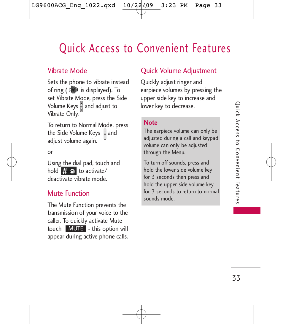 Quick access to convenient features | LG 9600 User Manual | Page 35 / 338