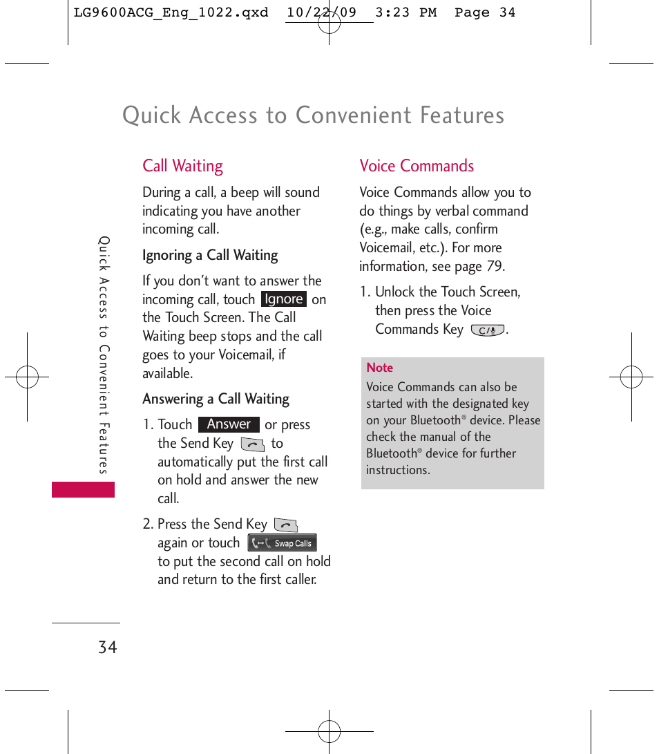 Quick access to convenient features, Call waiting, Voice commands | LG 9600 User Manual | Page 36 / 338