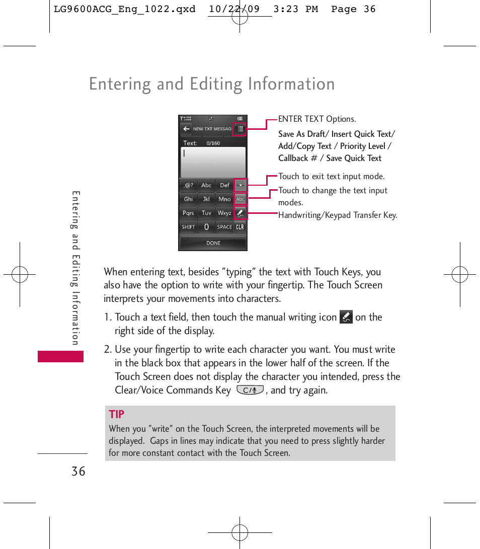 Entering and editing information | LG 9600 User Manual | Page 38 / 338