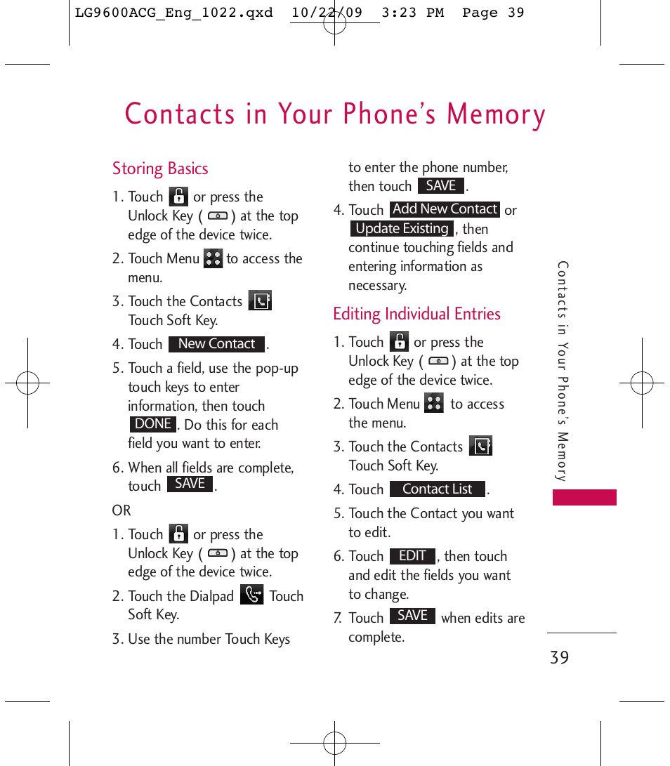 Storing basics, Editing individual entries | LG 9600 User Manual | Page 41 / 338