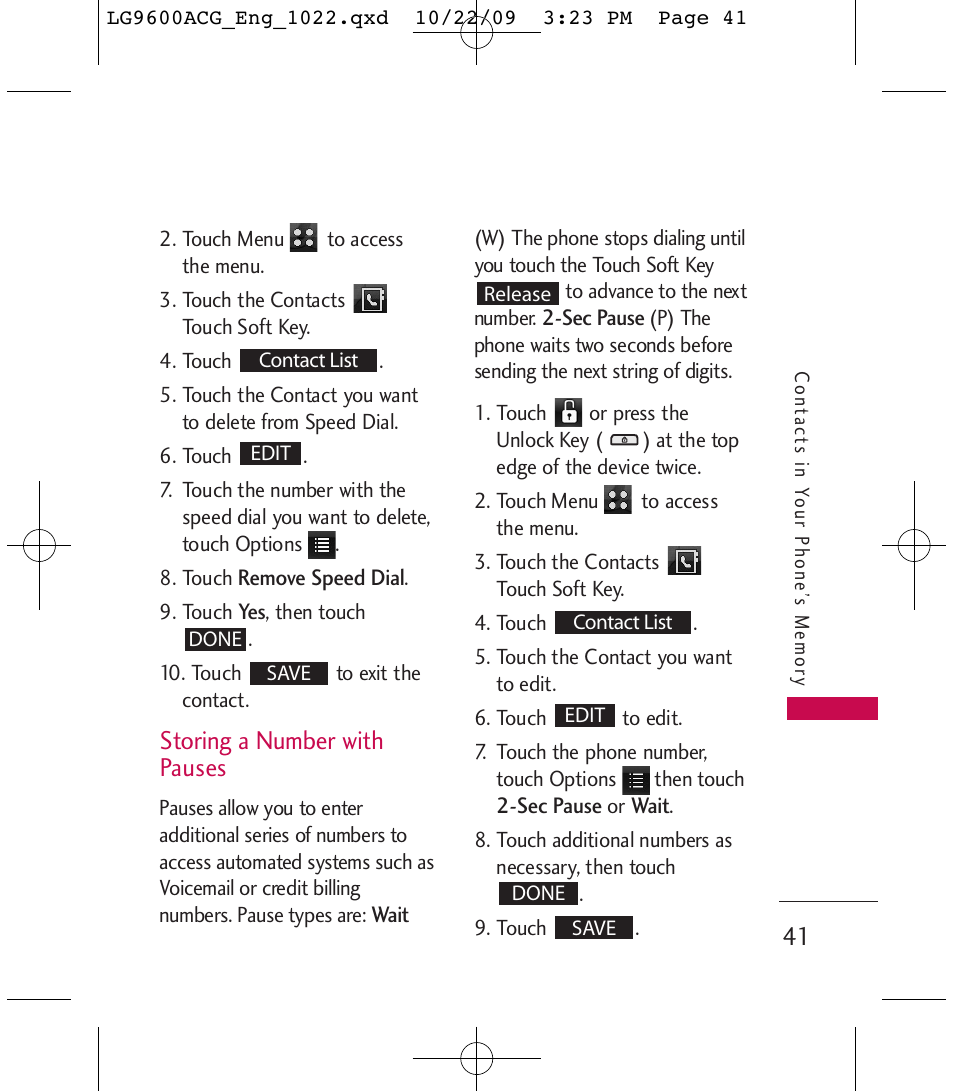 Storing a number with pauses | LG 9600 User Manual | Page 43 / 338