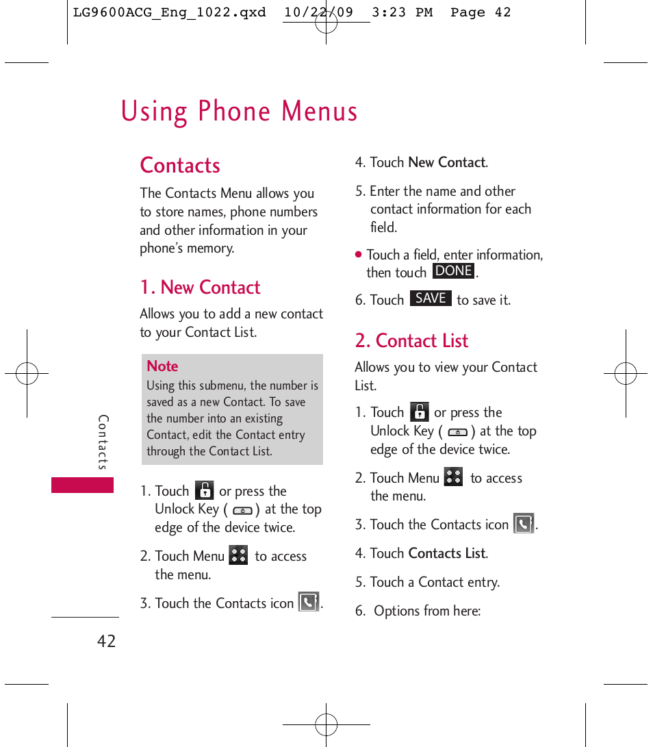 Using phone menus, Contacts, New contact | Contact list | LG 9600 User Manual | Page 44 / 338
